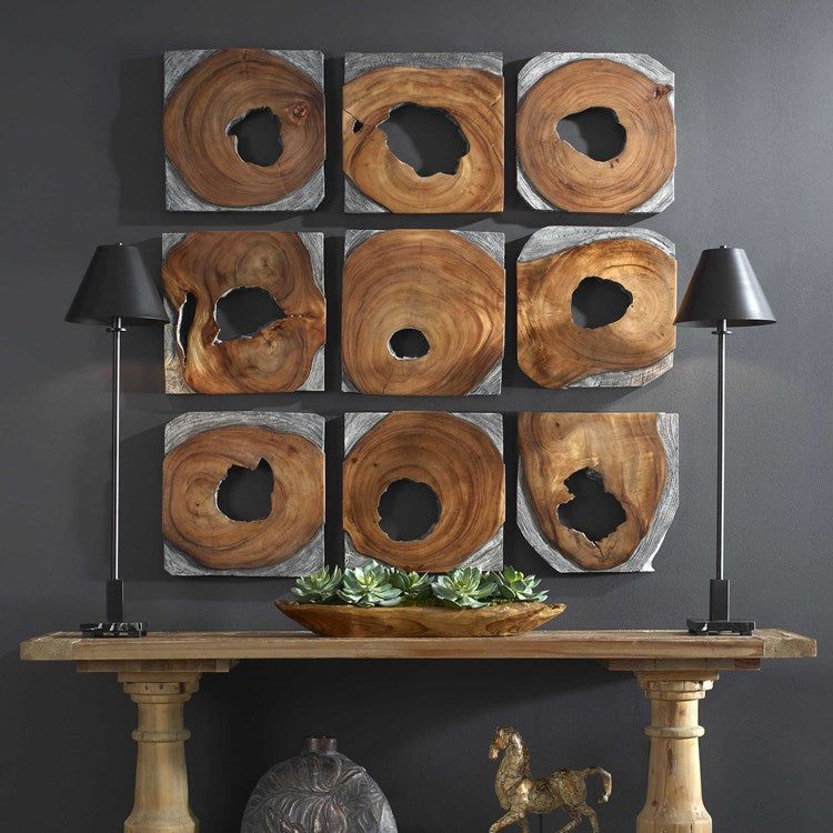 Uttermost Jungle Set of 9 Dark Coffee Brown and Rustic Black Suar Wood Wall Art Decor - Image 1