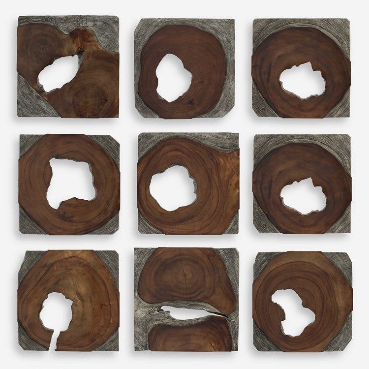 Uttermost Jungle Set of 9 Dark Coffee Brown and Rustic Black Suar Wood Wall Art Decor - Image 2