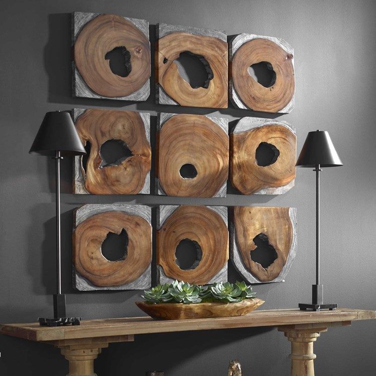 Uttermost Jungle Set of 9 Dark Coffee Brown and Rustic Black Suar Wood Wall Art Decor - Image 3