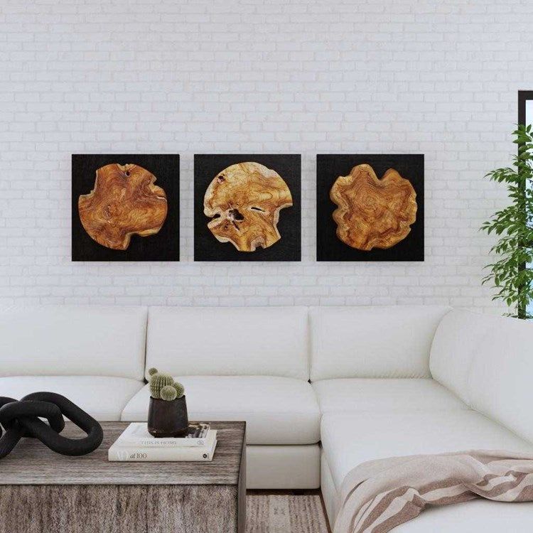 Uttermost Kolini Set of 3 Black Panels with Natural Teak Wood Wall Art Decor - Image 1