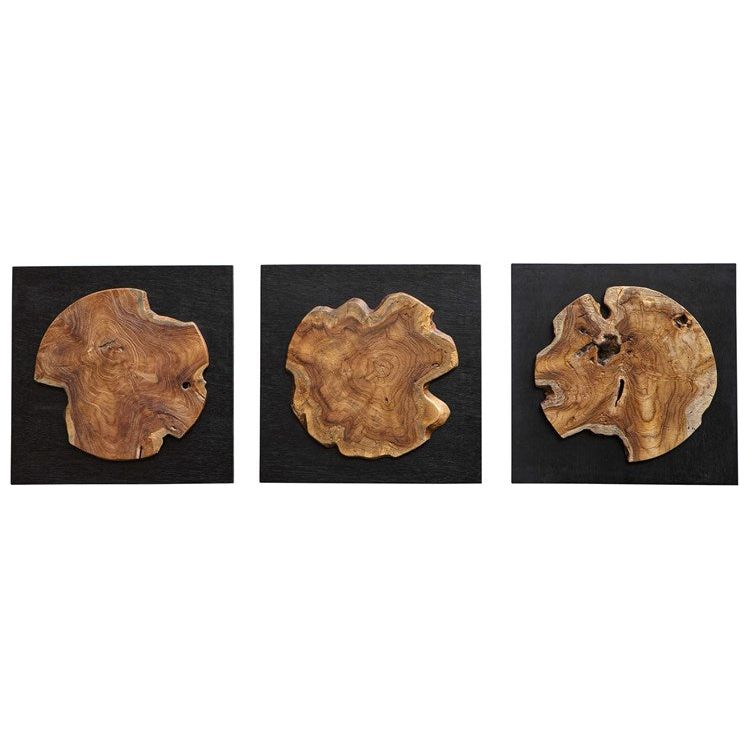 Uttermost Kolini Set of 3 Black Panels with Natural Teak Wood Wall Art Decor - Image 2