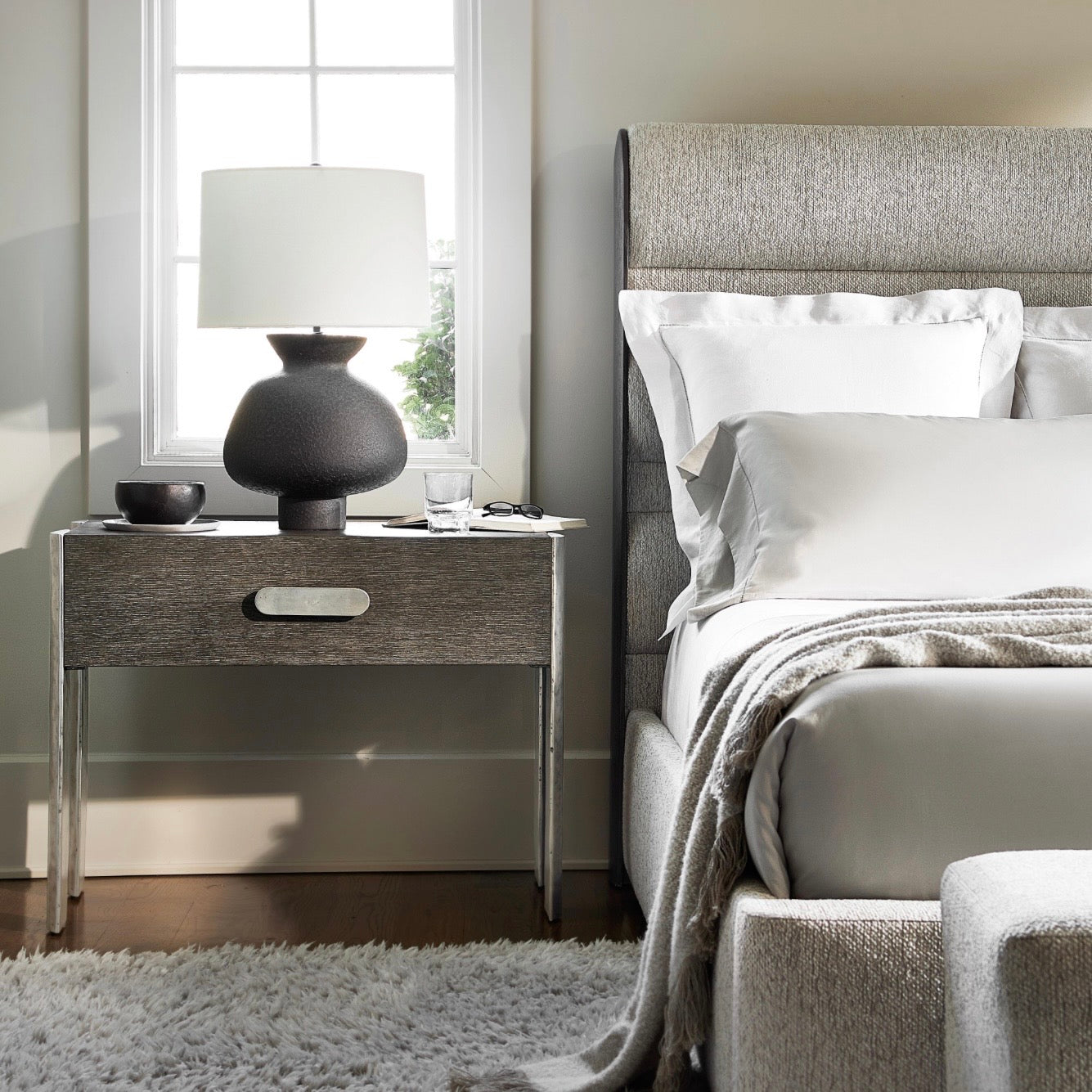 Bernhardt Prado Collection Single Drawer Nightstand With Cast Aluminum Legs ~ Porcini Finish - Image 1