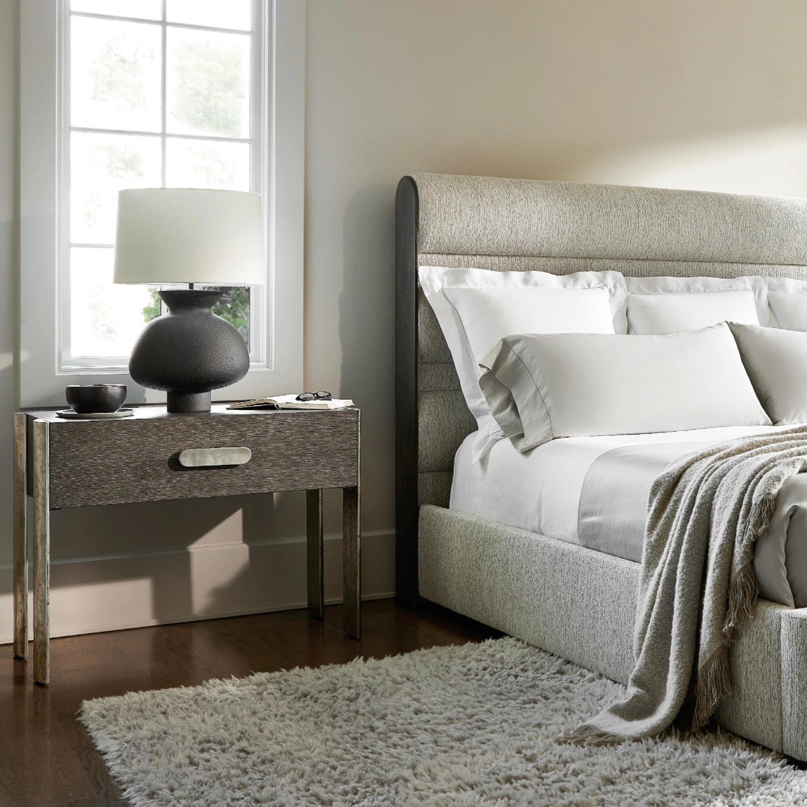 Bernhardt Prado Collection Single Drawer Nightstand With Cast Aluminum Legs ~ Porcini Finish - Image 3
