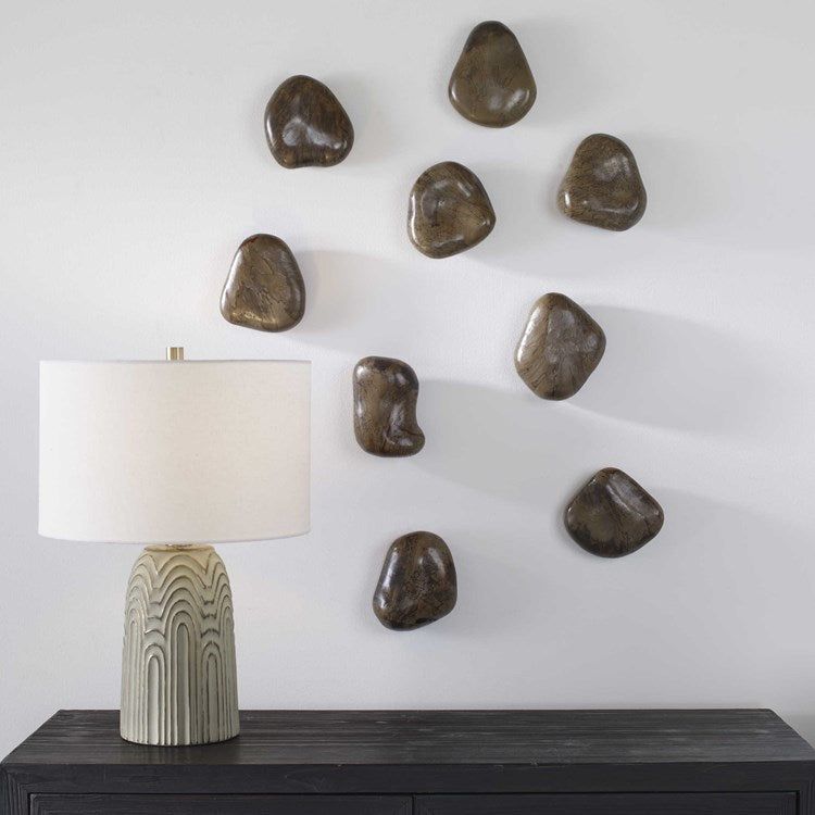Uttermost Pebbles Set of 9 Walnut Brown Finish Spalted Tamarind Wood Wall Art Decor - Image 1