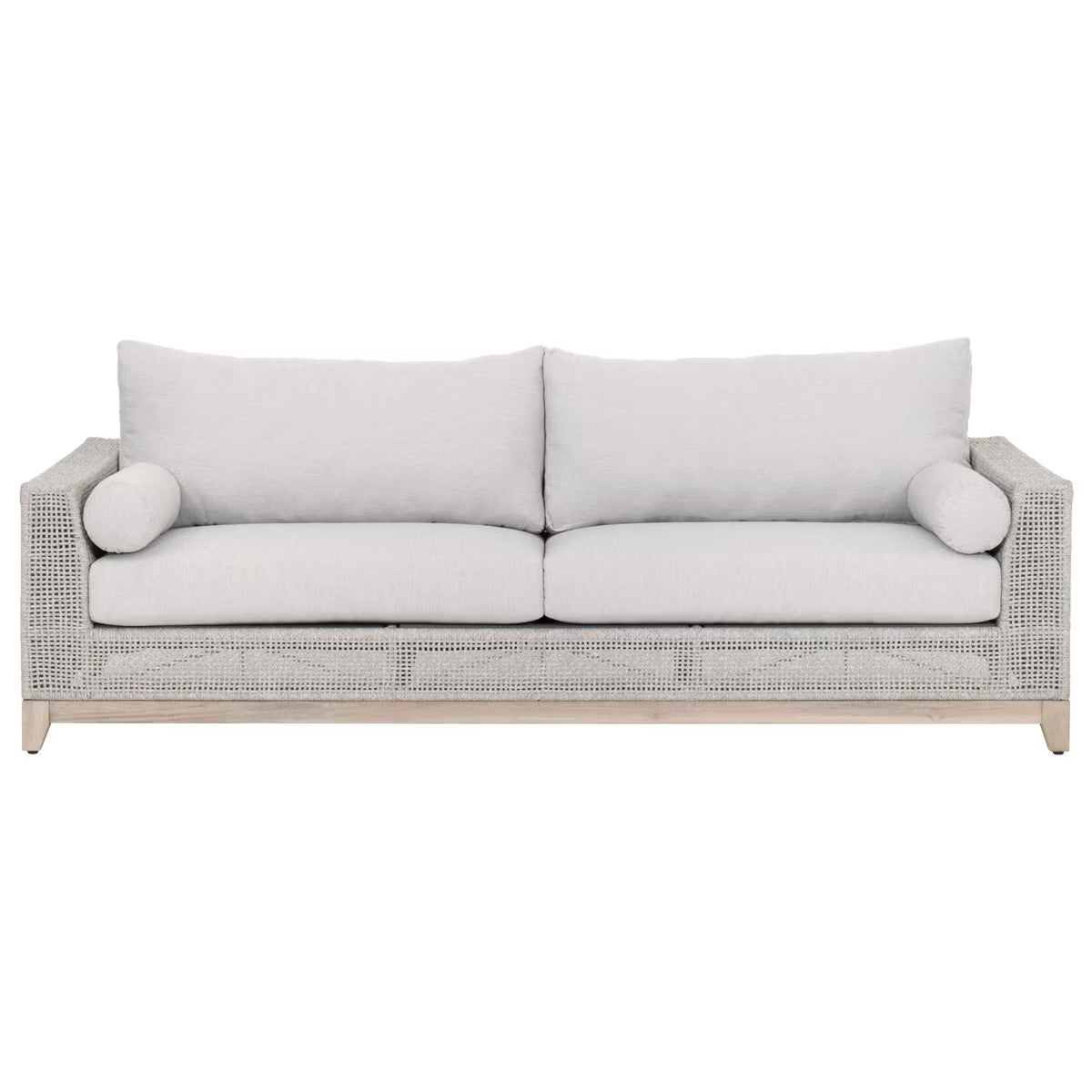 Essentials For Living Tropez Outdoor 90” Sofa ~ Taupe & White Flat Rope, Performance Pumice, Gray Teak