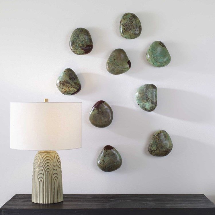 Uttermost Pebbles Set of 9 Aqua Finish Spalted Tamarind Wood Wall Art Decor - Image 1