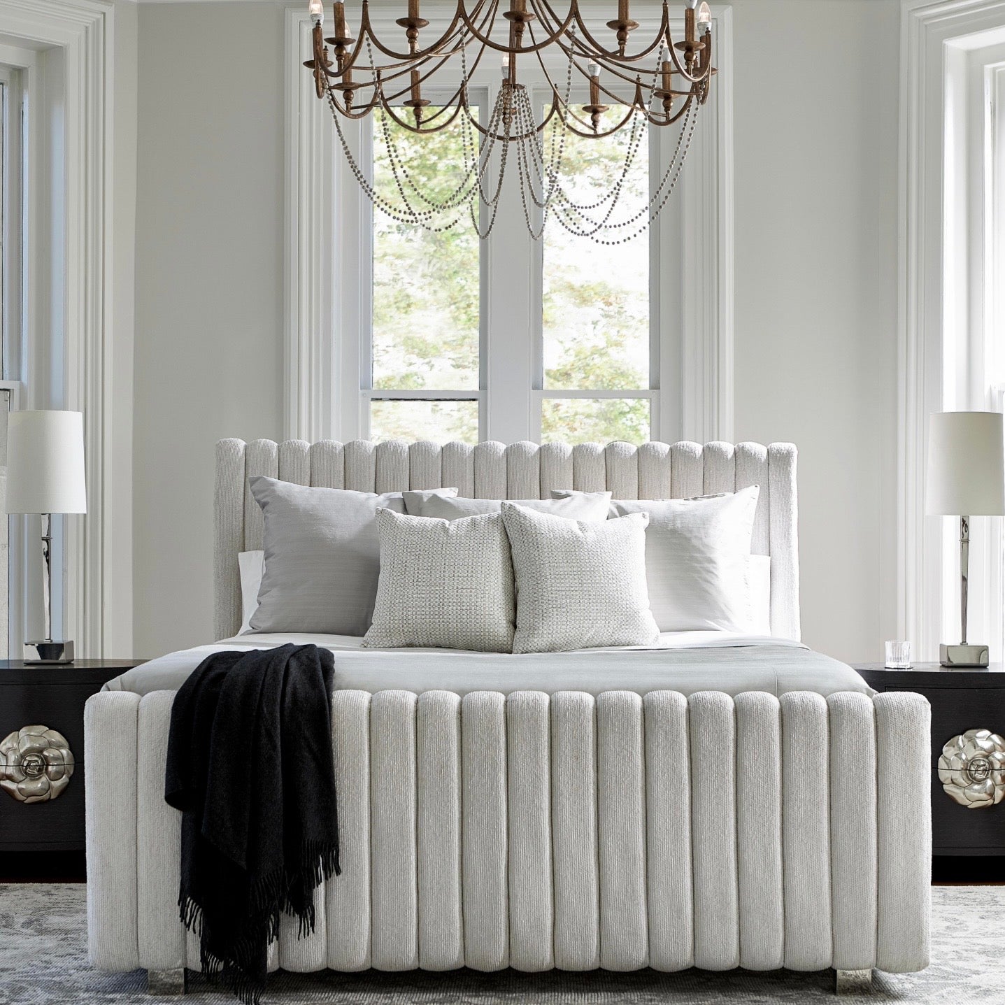Bernhardt Silhouette Collection Cream Channeled Upholstered Panel Bed ~ Available in Queen And King Sizes