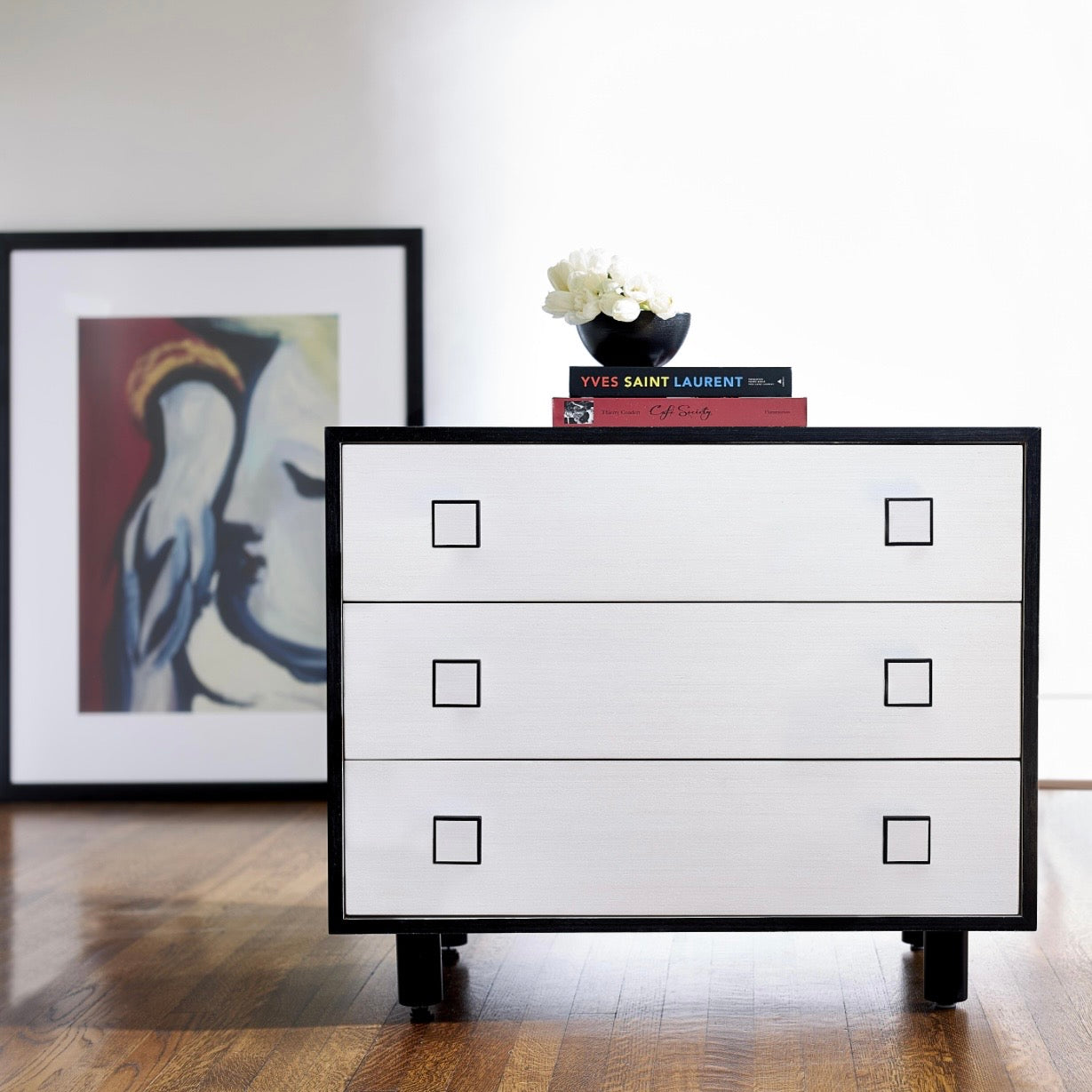 Bernhardt Silhouette Collection Three Drawer Nightstand ~Onyx and Eggshell Two Tone Finish - Image 1