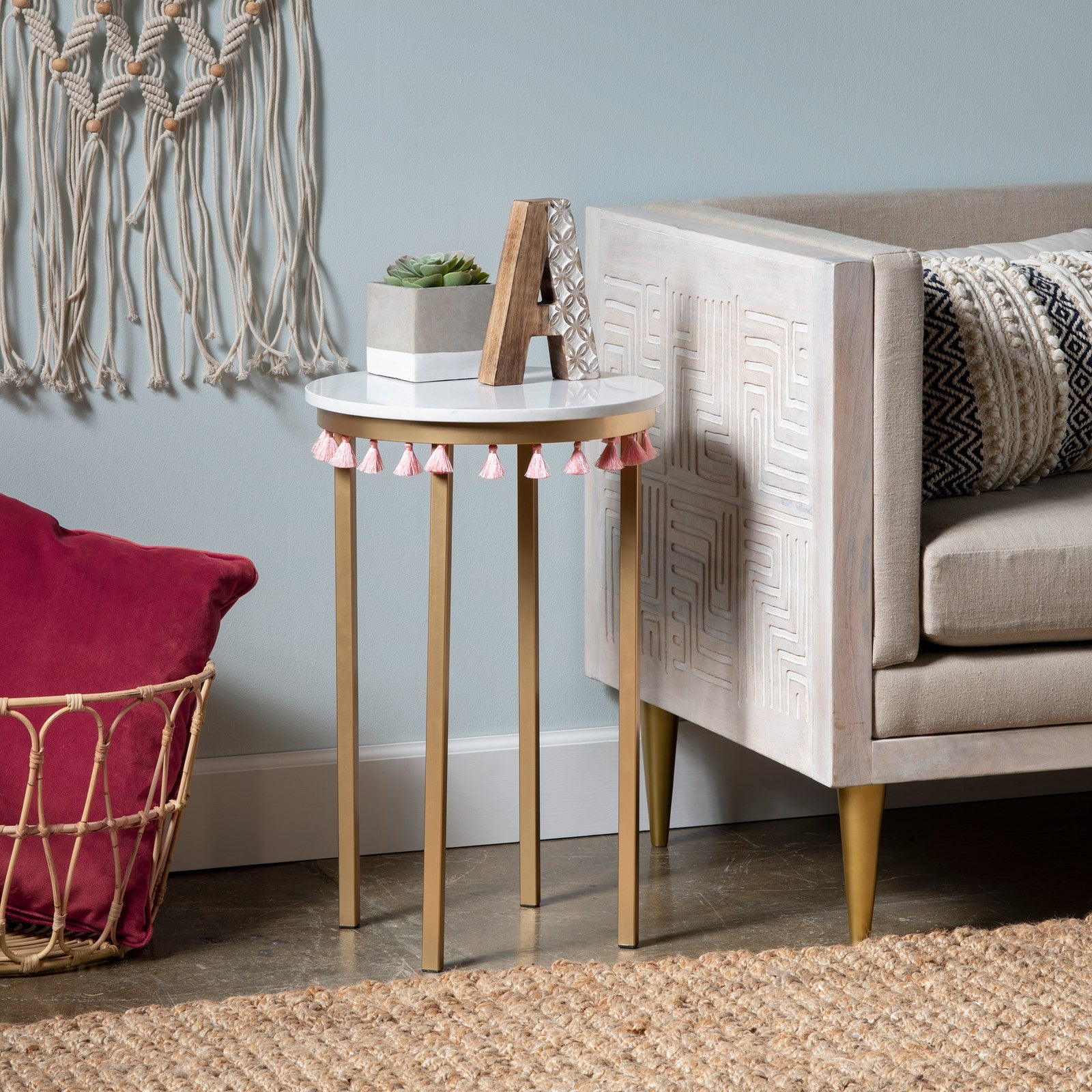 Crestview Collection Saffron Round Marble Accent Table With Pink Tassels - Image 2