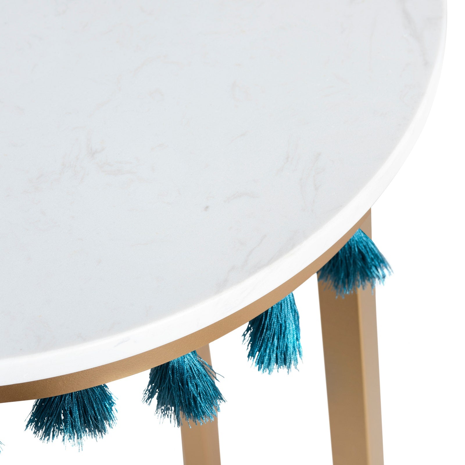 Crestview Collection Saffron Round Marble Accent Table With Teal Blue Tassels - Image 3