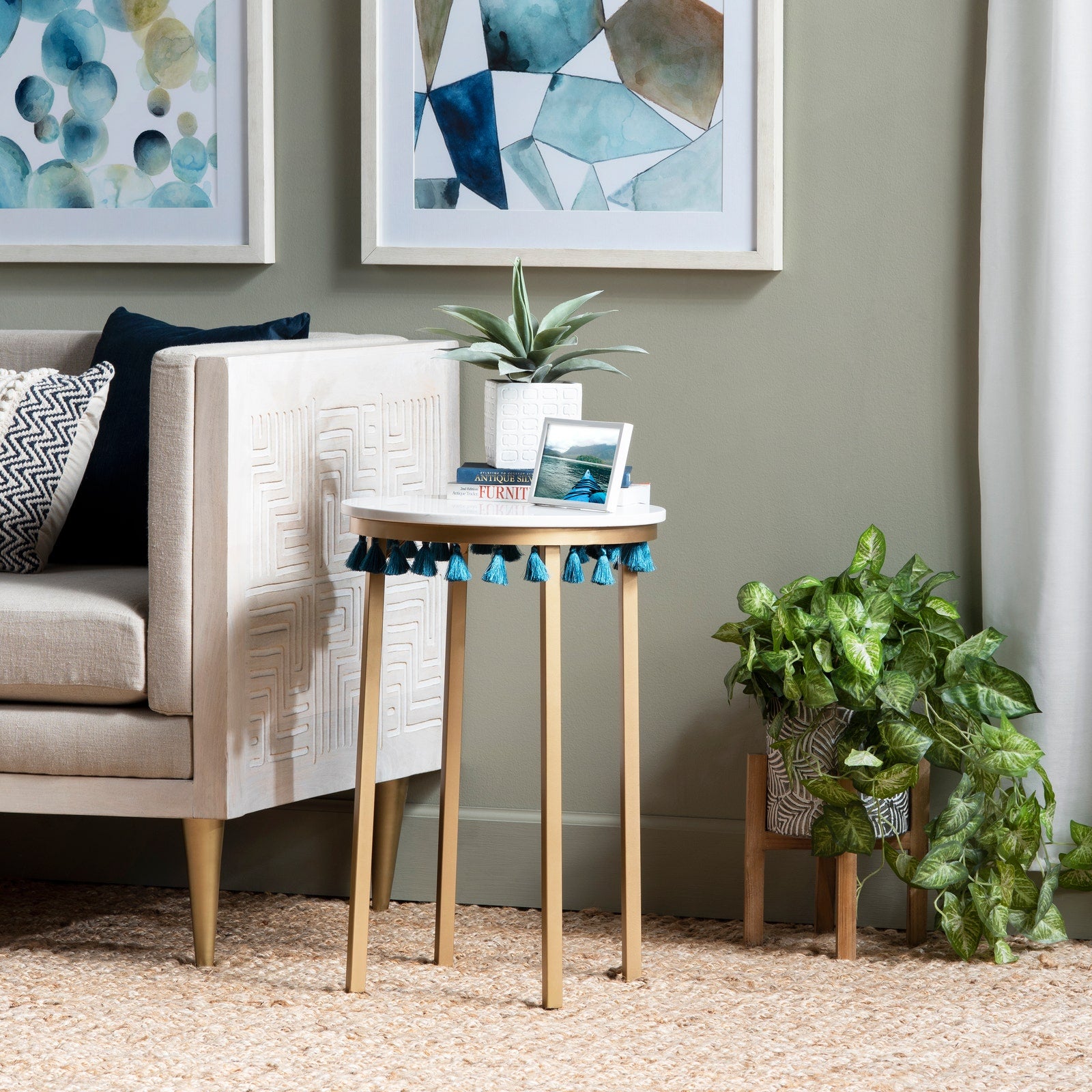 Crestview Collection Saffron Round Marble Accent Table With Teal Blue Tassels - Image 2
