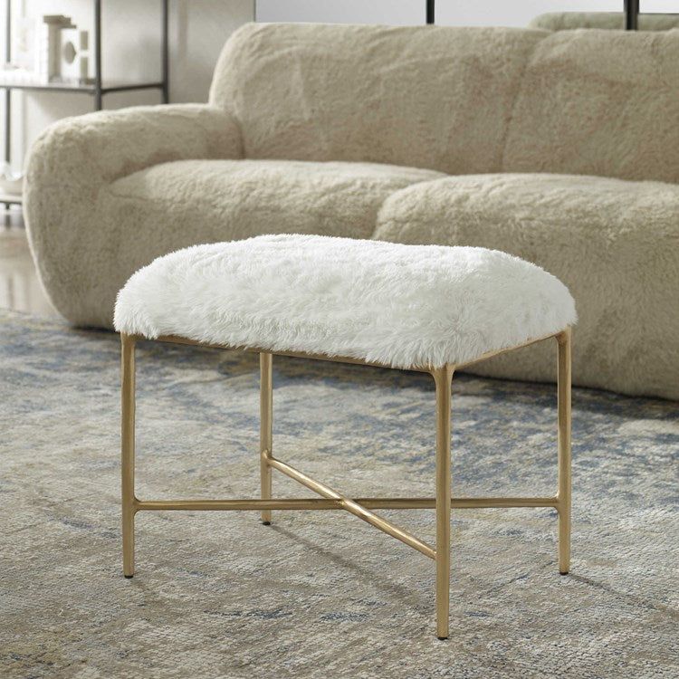 Uttermost Charmed Cream Long Haired Faux Sheepskin with Gold Iron Base Small Bench - Image 1