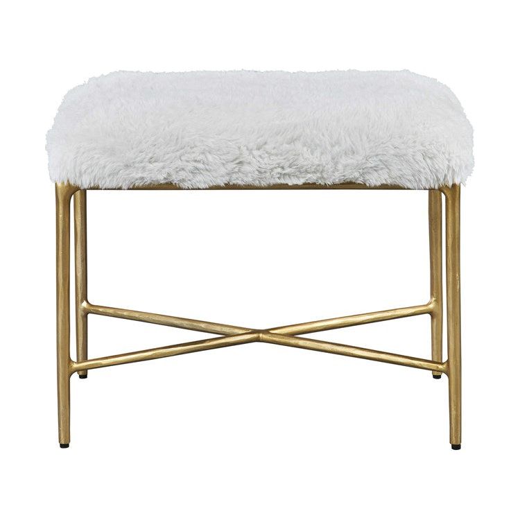 Uttermost Charmed Cream Long Haired Faux Sheepskin with Gold Iron Base Small Bench - Image 2
