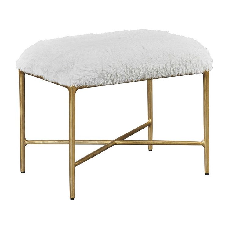 Uttermost Charmed Cream Long Haired Faux Sheepskin with Gold Iron Base Small Bench - Image 3