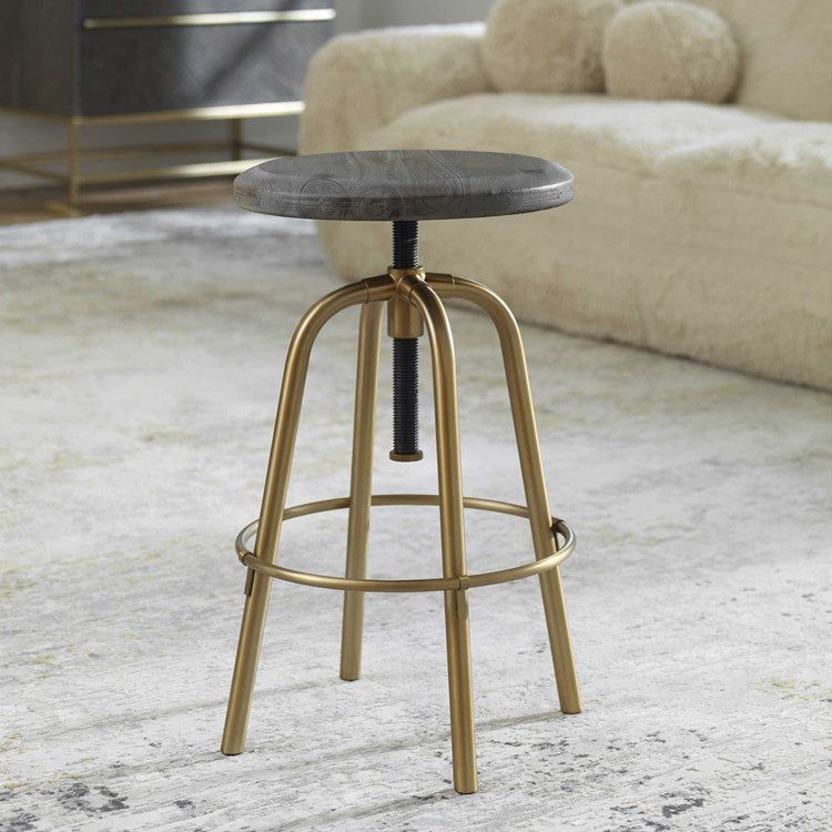 Uttermost Revolve Acacia Wood Seat With Brushed Brass Counter Stool - Image 1