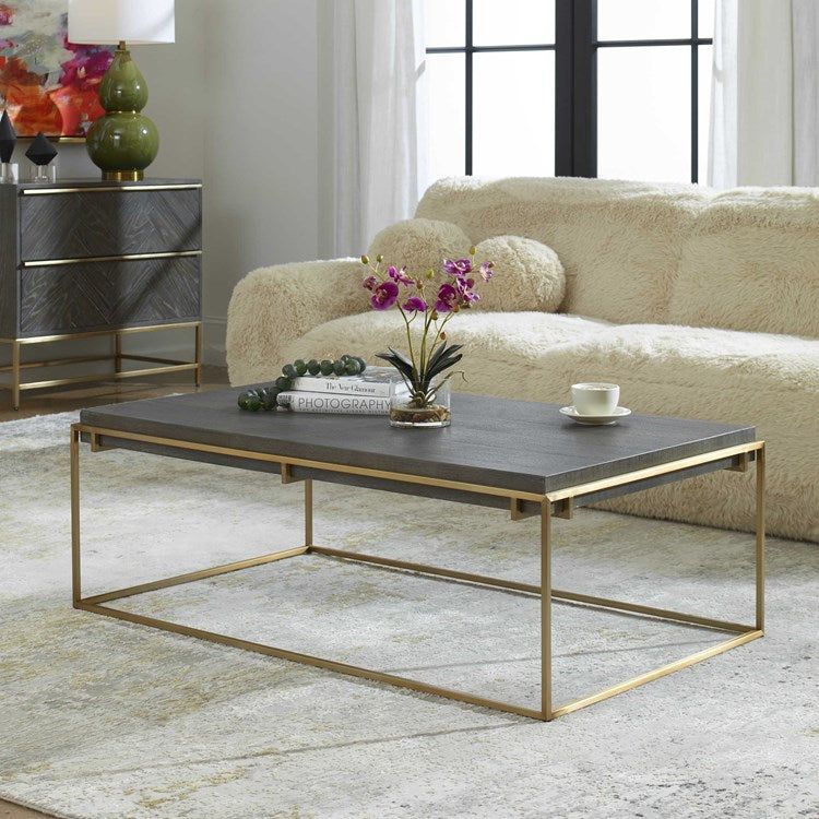 Uttermost Surround Acacia Walnut Stain with Gray Glaze Top Brushed Brass Coffee Table - Image 1
