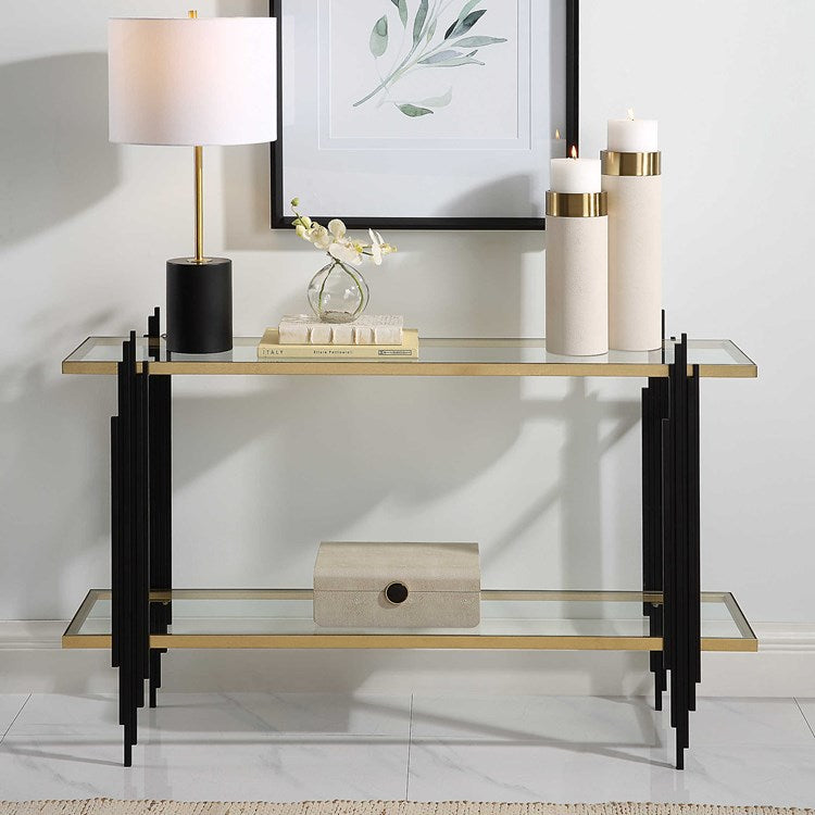 Uttermost Empire Gold Leaf Glass Shelves with Matte Black Iron Contemporary Console Table - Image 1