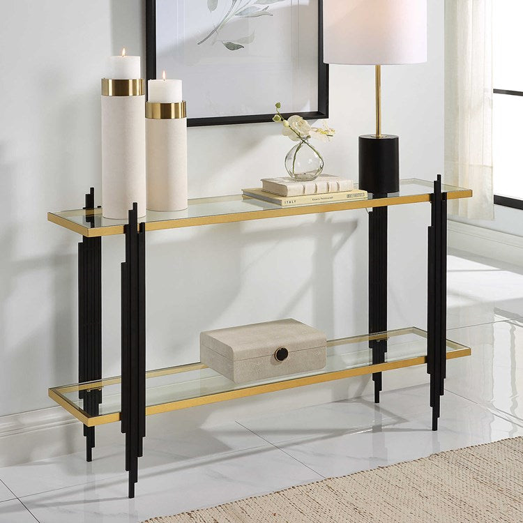 Uttermost Empire Gold Leaf Glass Shelves with Matte Black Iron Contemporary Console Table - Image 3