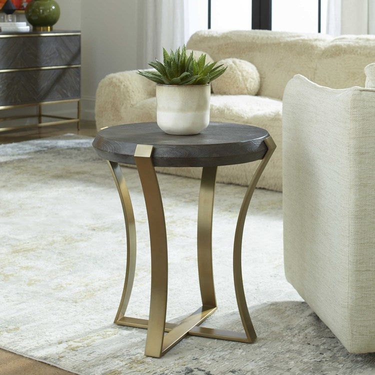 Uttermost Unite Acacia Walnut Stain With Gray Glaze and Brushed Brass Side Accent Table - Image 1