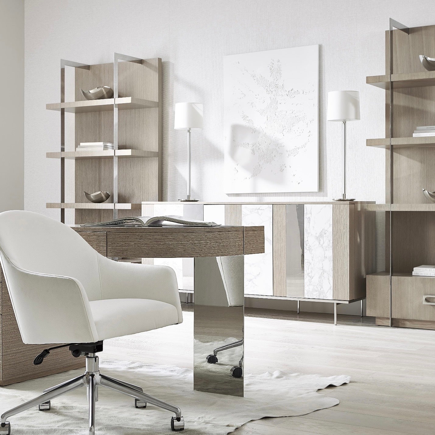 Bernhardt Modulum Collection Modern Buffet ~ Steel, Marble, White Adobe Faux Stone and Sahara Finished Wood - Image 2
