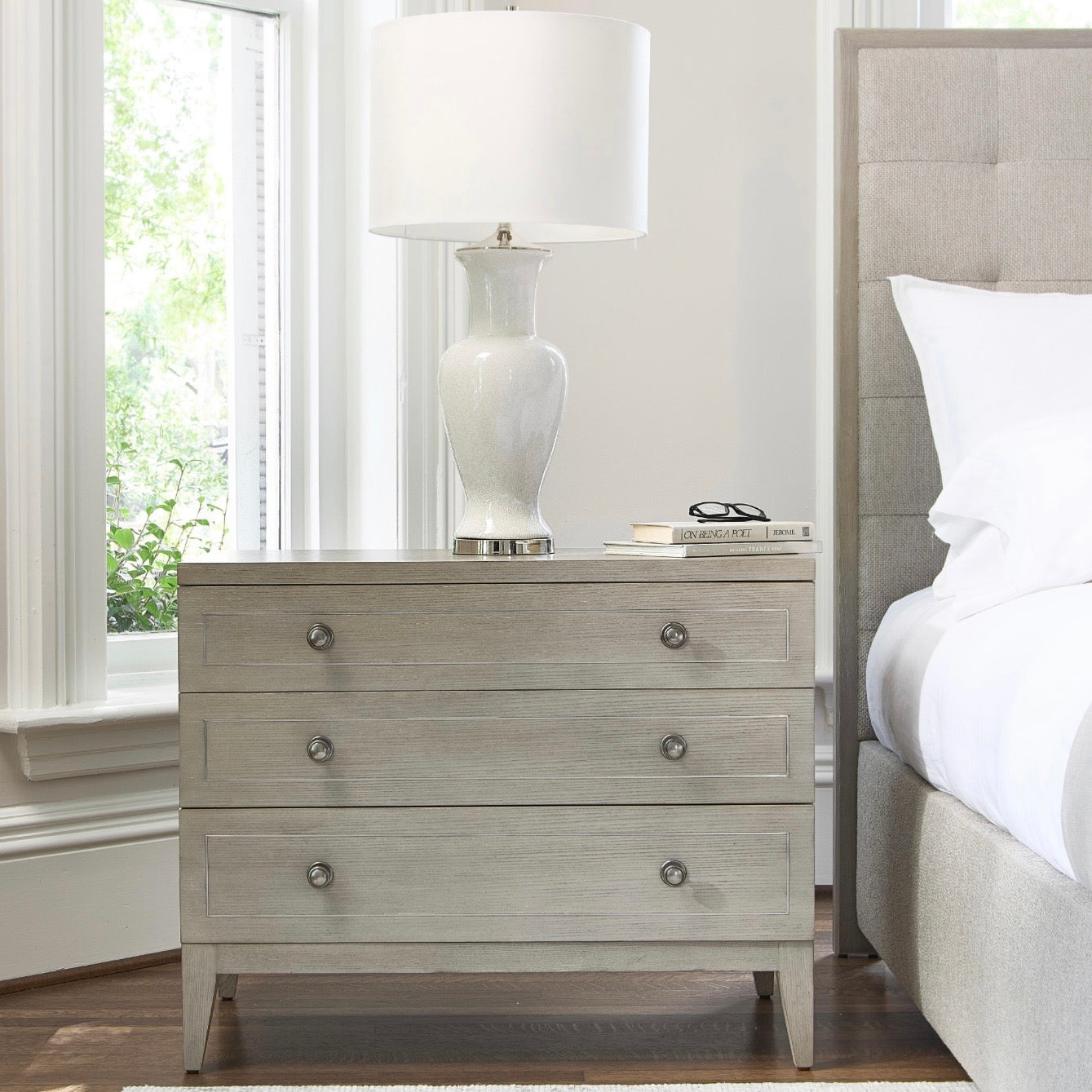 Bernhardt Cornelia Collection Three Drawer Nightstand ~ 39 Inch ~ Nebbia Finish