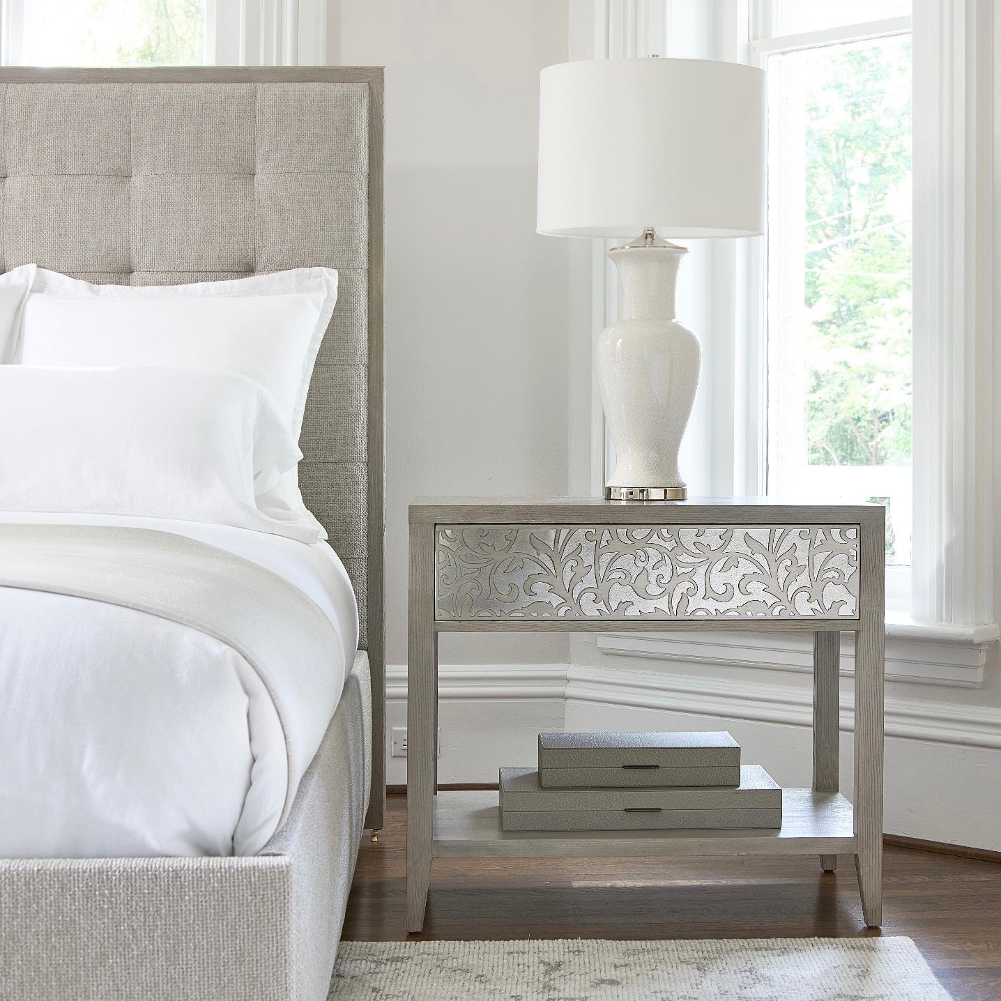 Bernhardt Cornelia Collection Single Drawer Nightstand ~ Metalwork with Nebbia Finished Wood