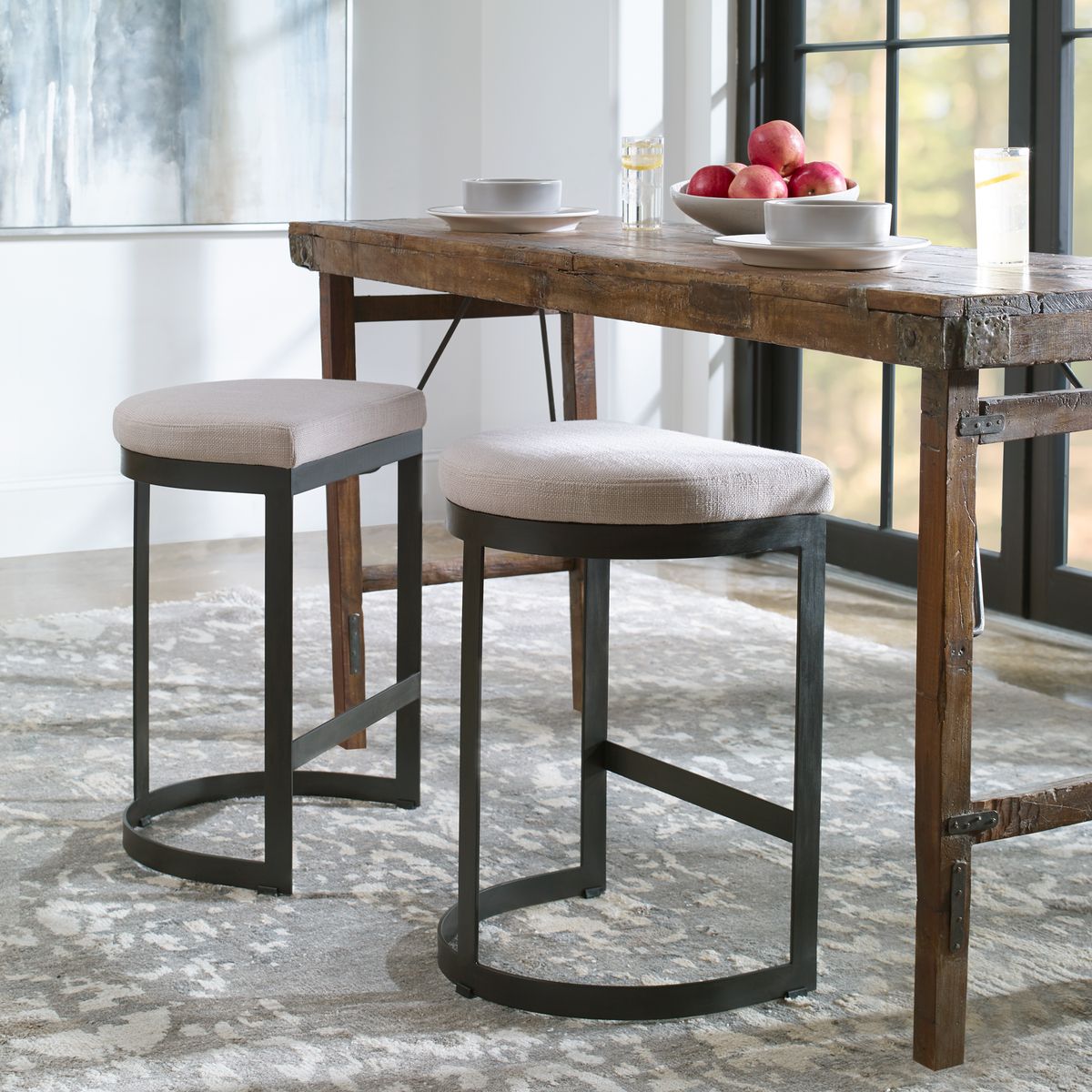 Uttermost Ivanna Beige Linen Blend Fabric Matte Black Framed Counter Stool - Image 2