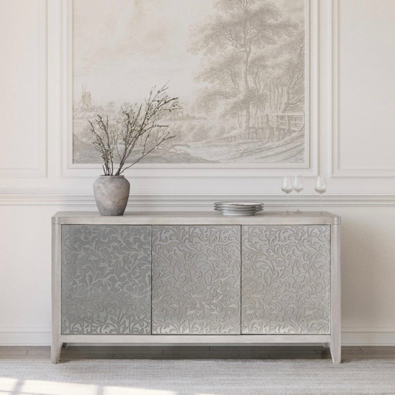 Bernhardt Cornelia Collection Buffet ~ Brushed Stainless Steel and Nebbia Wood Finish