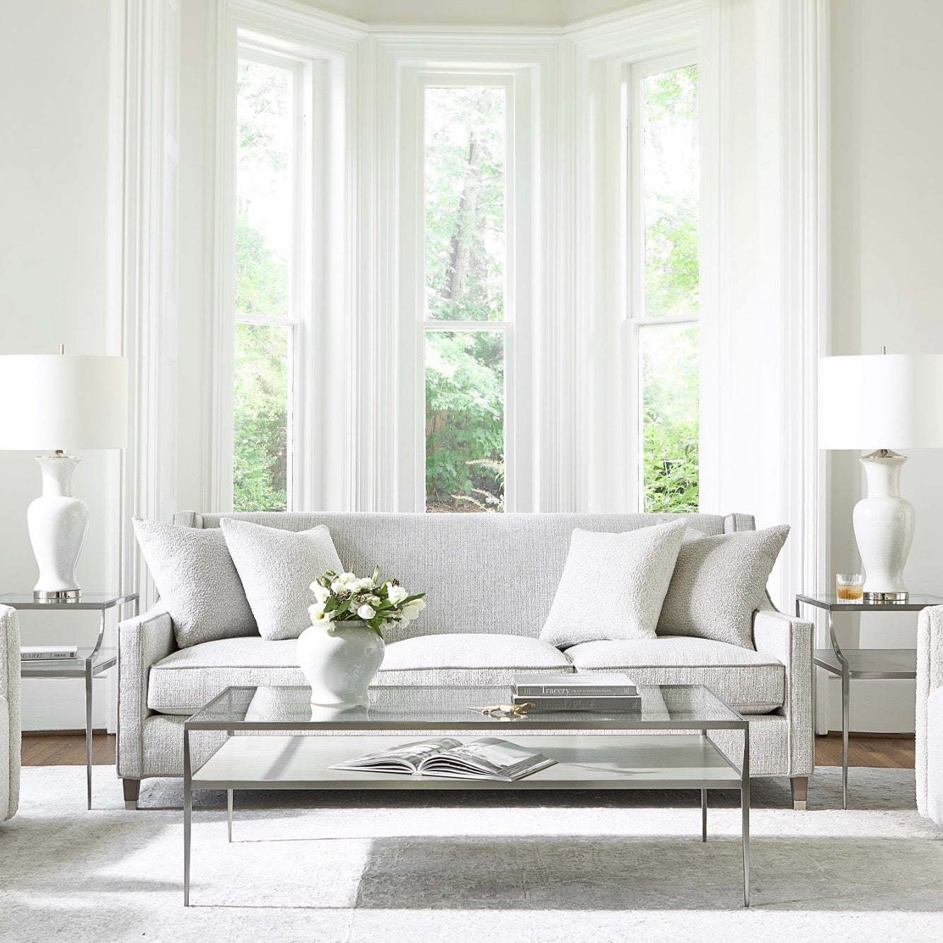 Bernhardt Cornelia Collection Cocktail Table ~ Brushed Stainless Steel With Nebbia Wood Finish