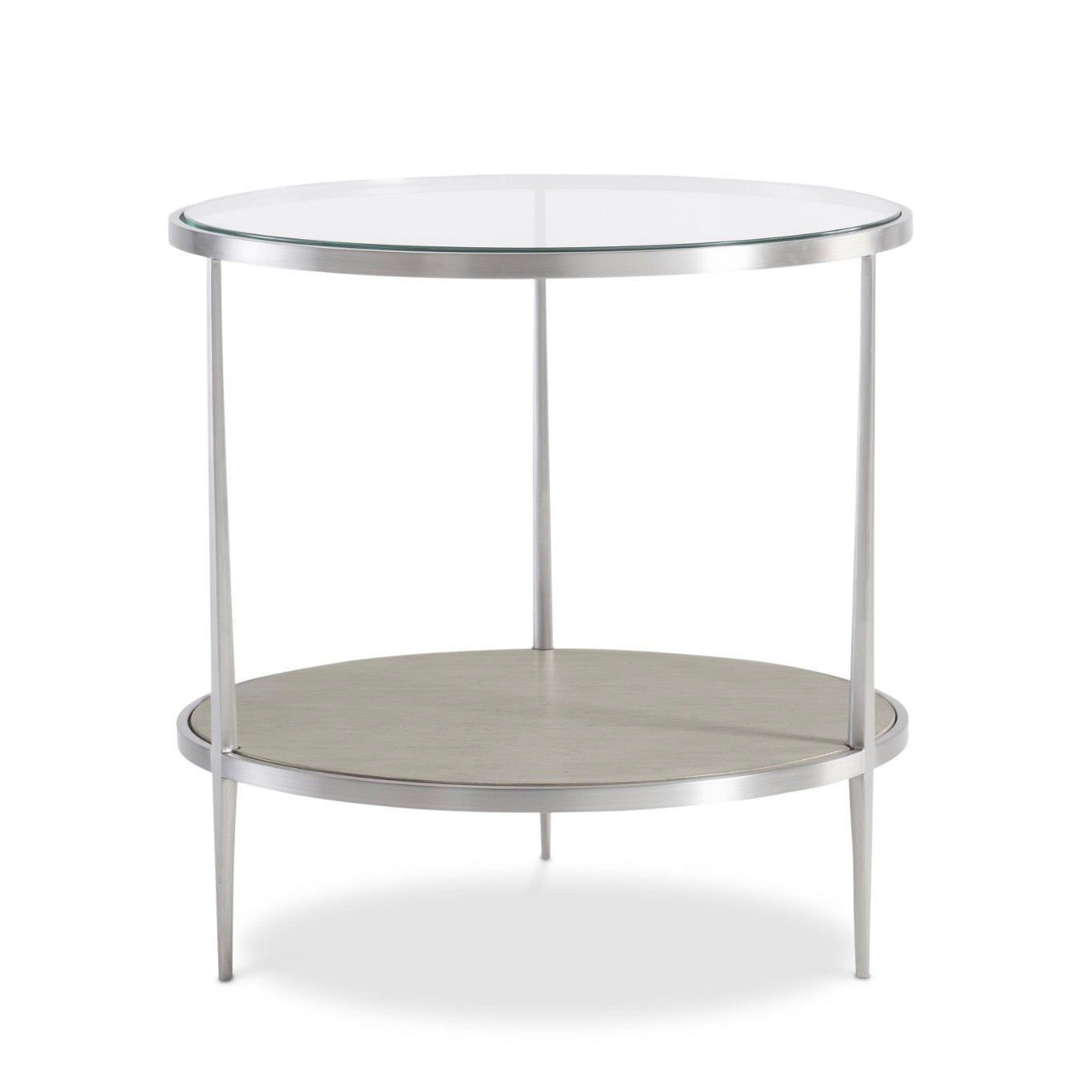 Bernhardt Cornelia Collection Round Side Table ~ Brushed Stainless Steel and Nebbia Wood Finish