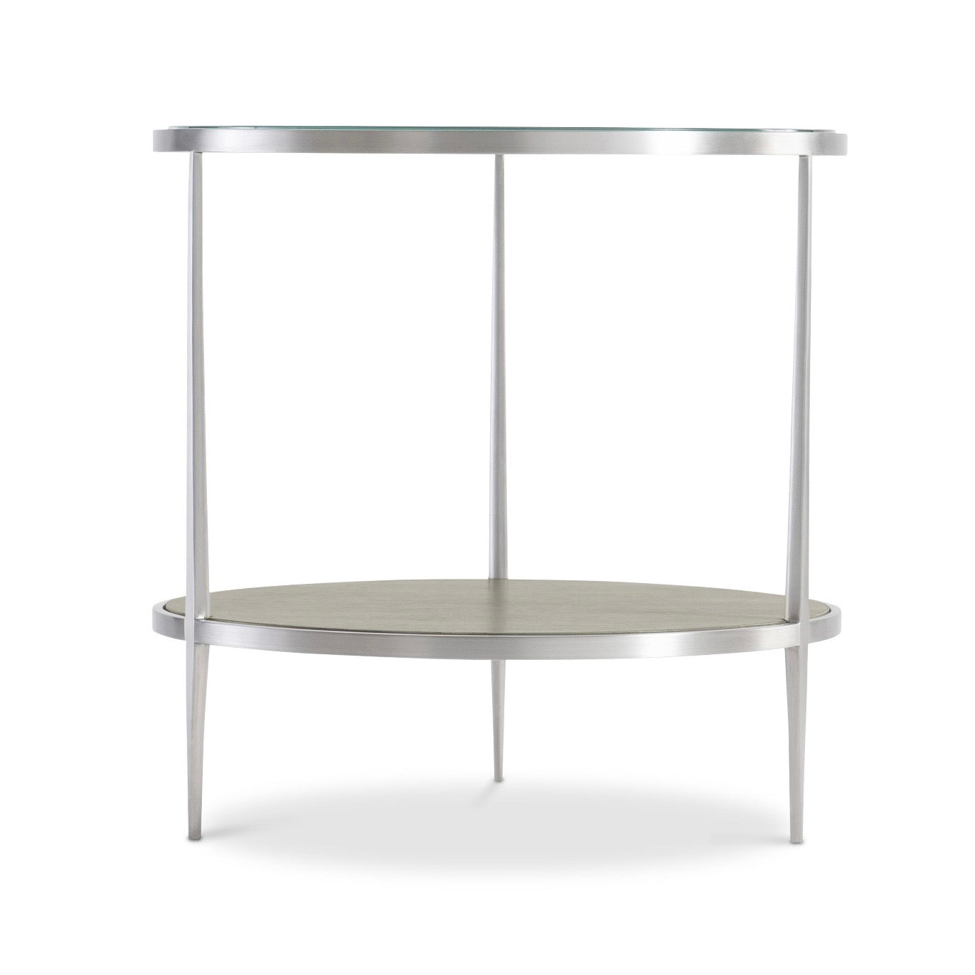 Bernhardt Cornelia Collection Round Side Table ~ Brushed Stainless Steel and Nebbia Wood Finish - Image 3