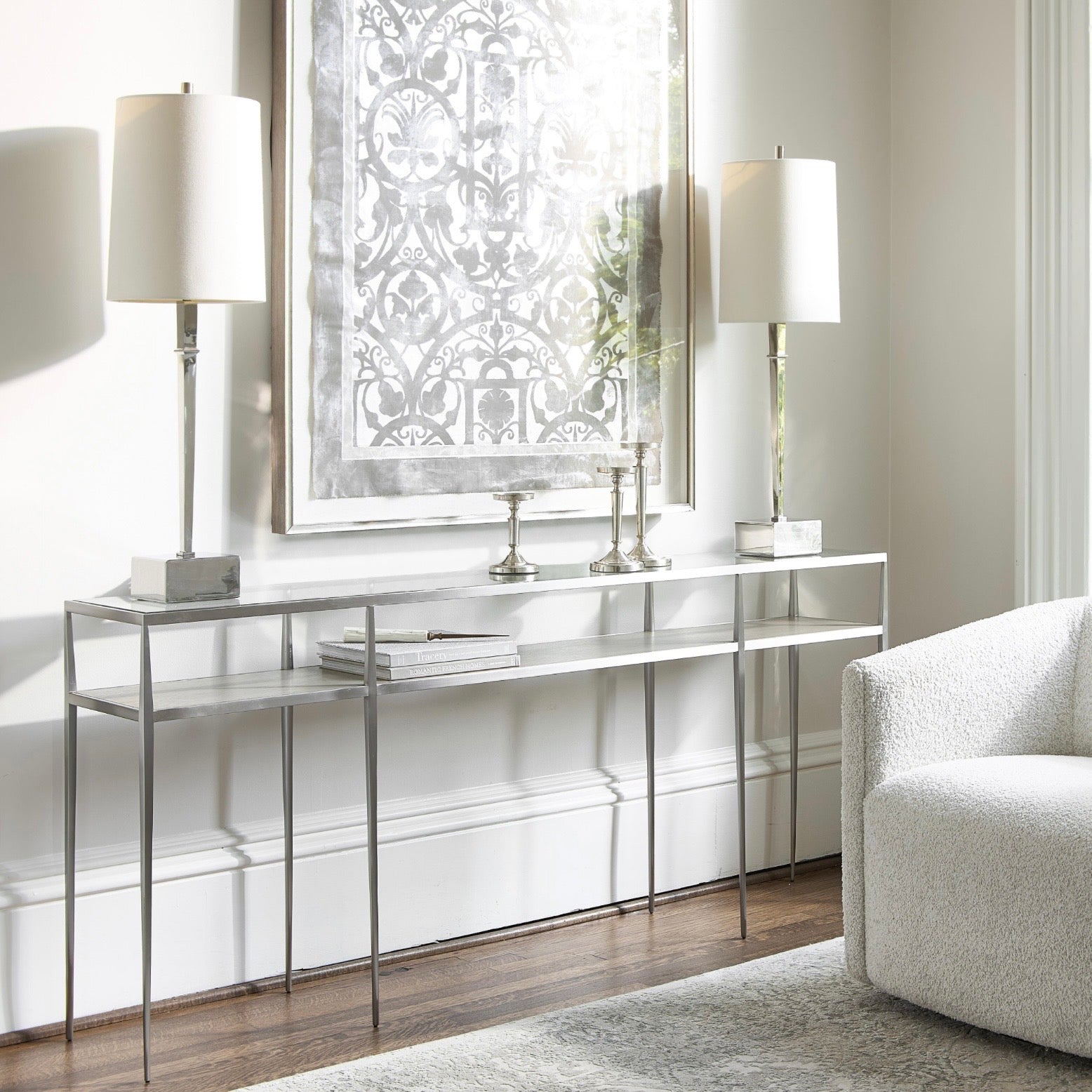 Bernhardt Cornelia Collection Console Table ~ Brushed Stainless Steel and Nebbia Wood Finish