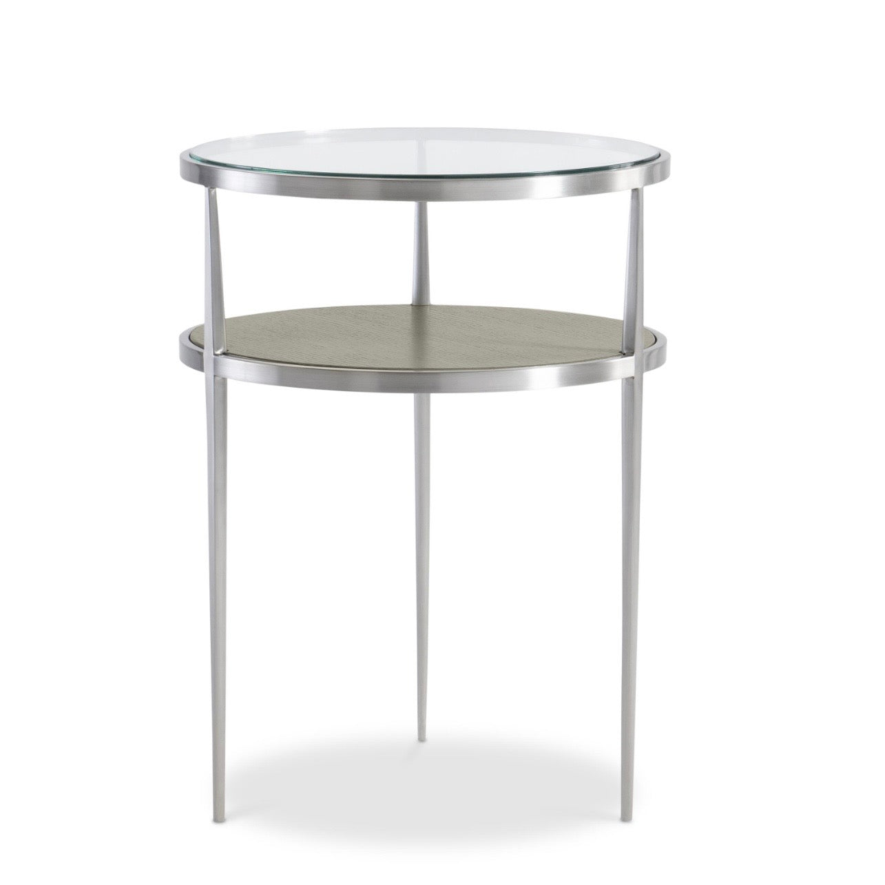 Bernhardt Cornelia Collection Round Accent Table ~ Brushed Stainless Steel and Nebbia Wood Finish - Image 3