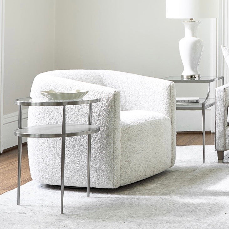 Bernhardt Cornelia Collection Round Accent Table ~ Brushed Stainless Steel and Nebbia Wood Finish