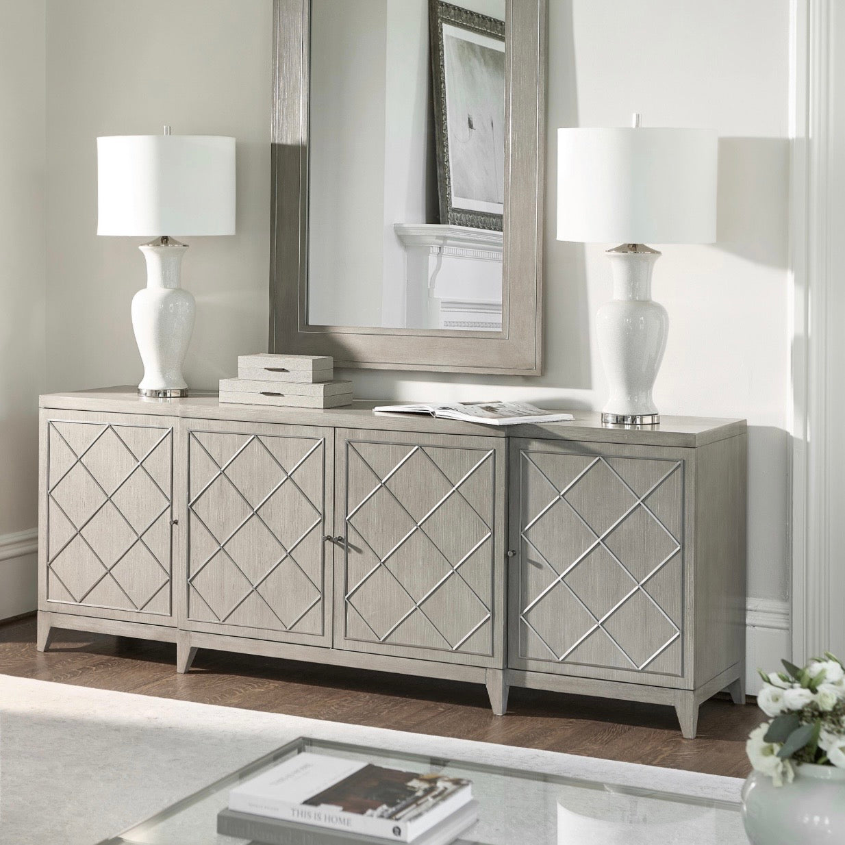 Bernhardt Cornelia Collection Entertainment Credenza ~ Brushed Stainless Steel and Nebbia Wood Finish