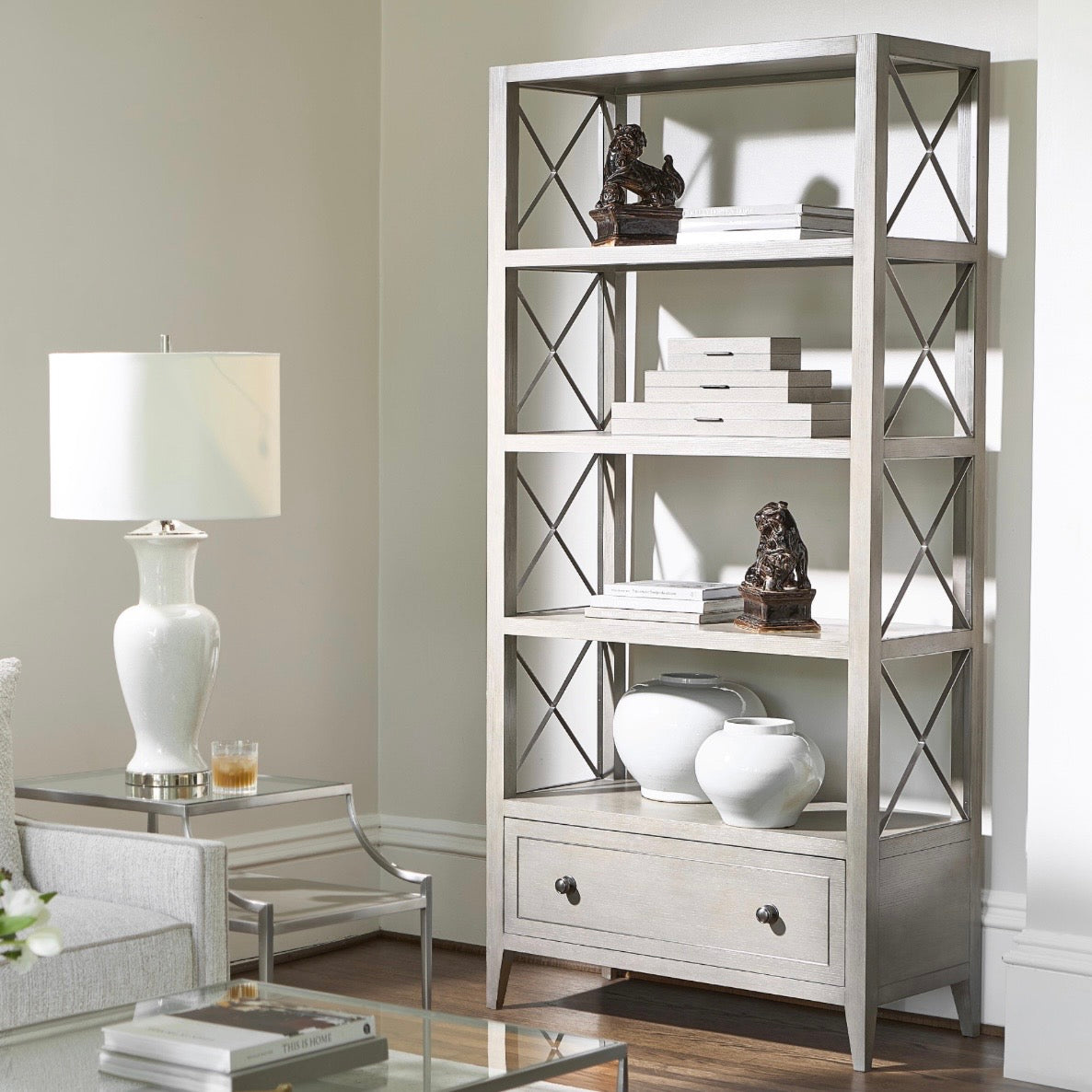 Bernhardt Cornelia Collection Etagere ~ Brushed Stainless Steel and Nebbia Wood Finish