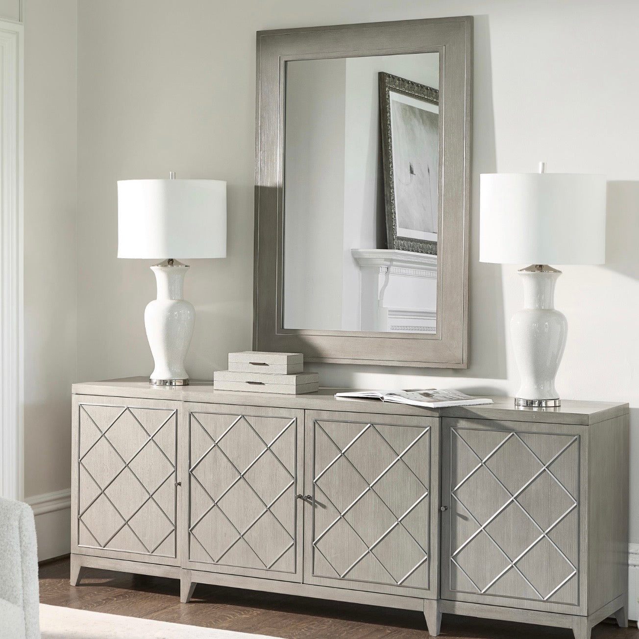 Bernhardt Cornelia Collection Mirror ~ Brushed Stainless Steel and Nebbia Wood Finish - Image 3