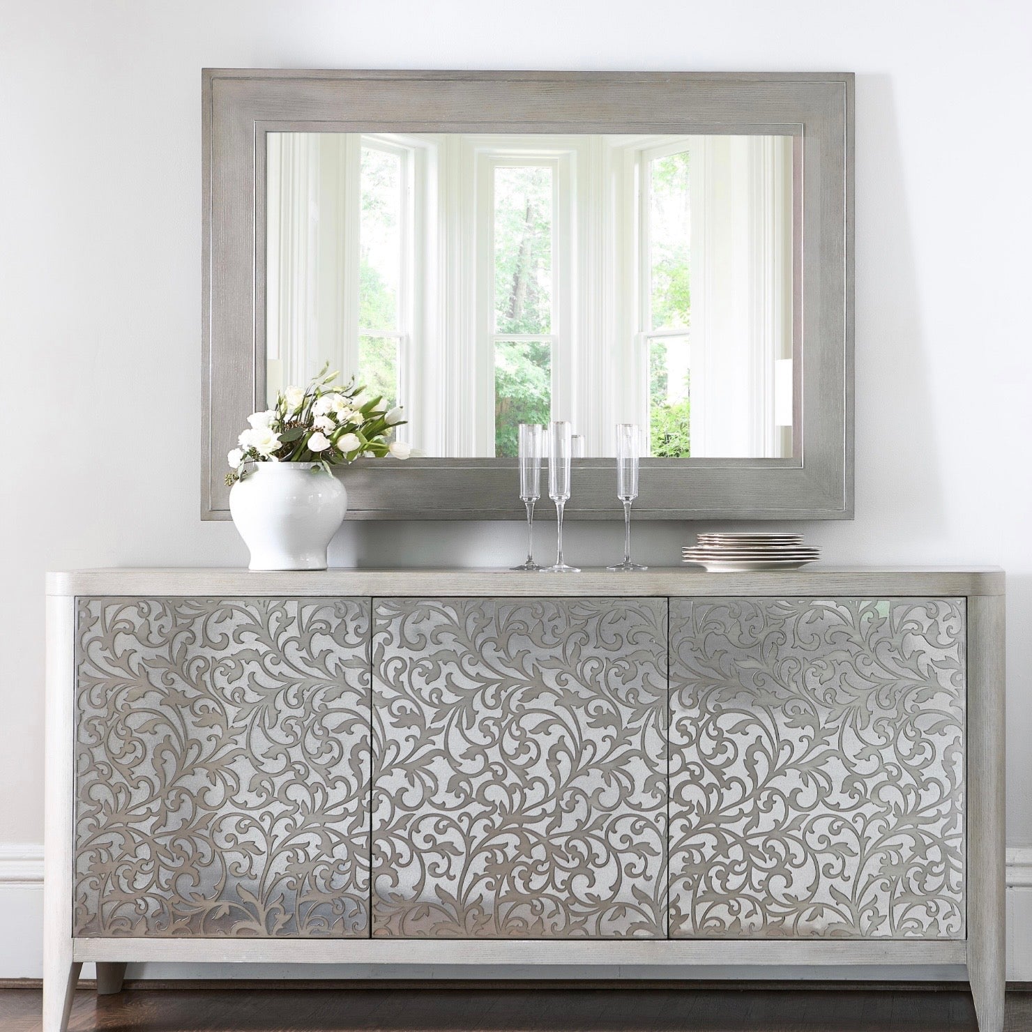 Bernhardt Cornelia Collection Mirror ~ Brushed Stainless Steel and Nebbia Wood Finish - Image 2