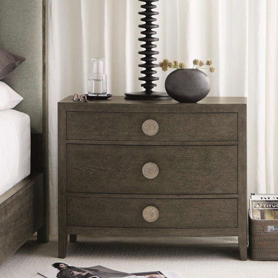 Bernhardt Linea Collection Three Drawer Rustic Modern Nightstand ~ 38 Inch ~ Cerused Charcoal Finish - Image 1