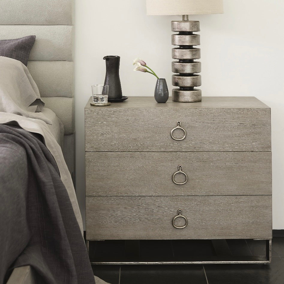 Bernhardt Linea Collection Three Drawer Rustic Modern Nightstand ~ Cerused Greige Finish - Image 2