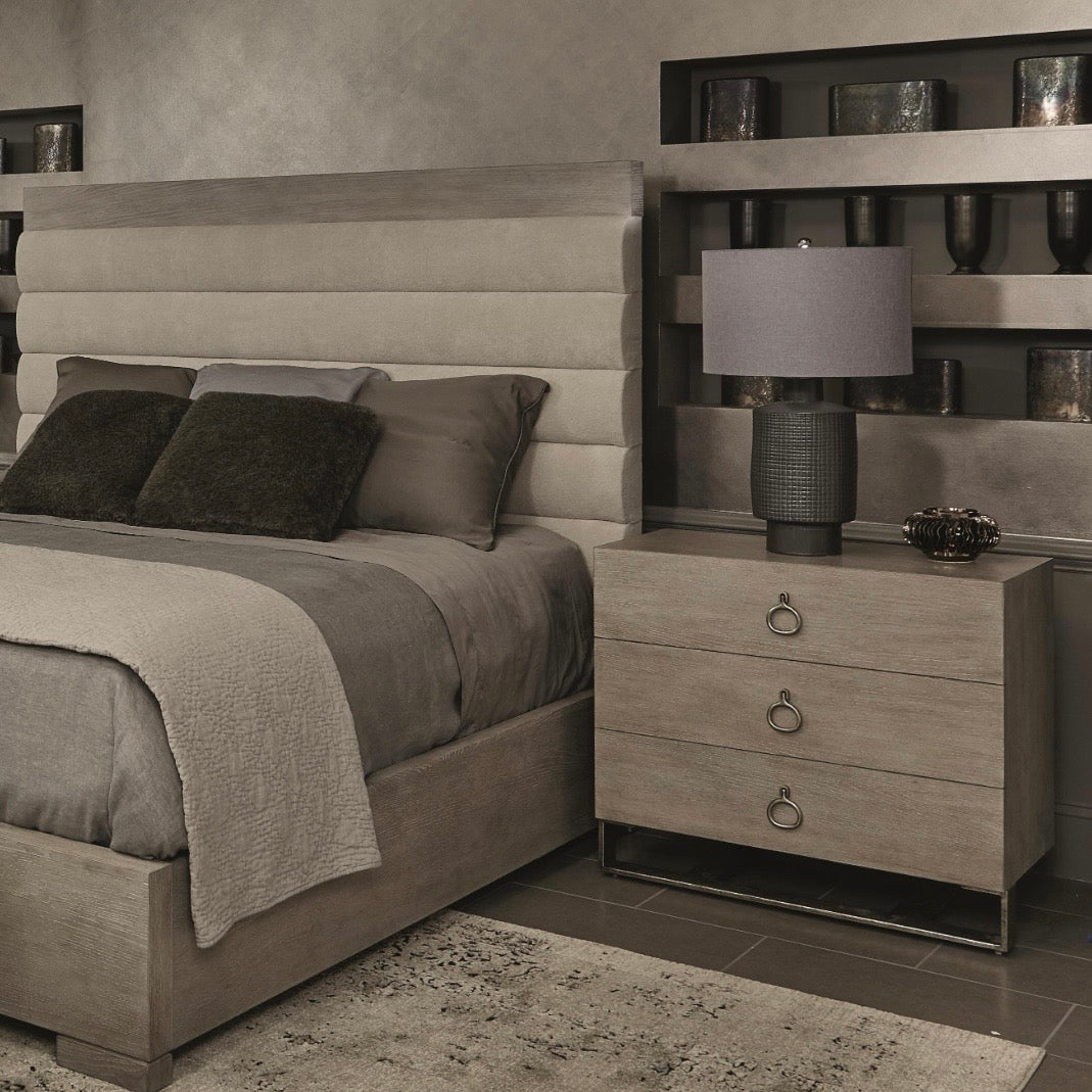 Bernhardt Linea Collection Three Drawer Rustic Modern Nightstand ~ Cerused Greige Finish - Image 1