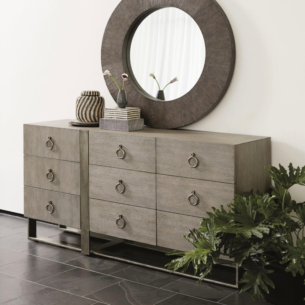 Bernhardt Linea Collection Nine Drawer Rustic Modern Dresser ~ Cerused Greige Finish