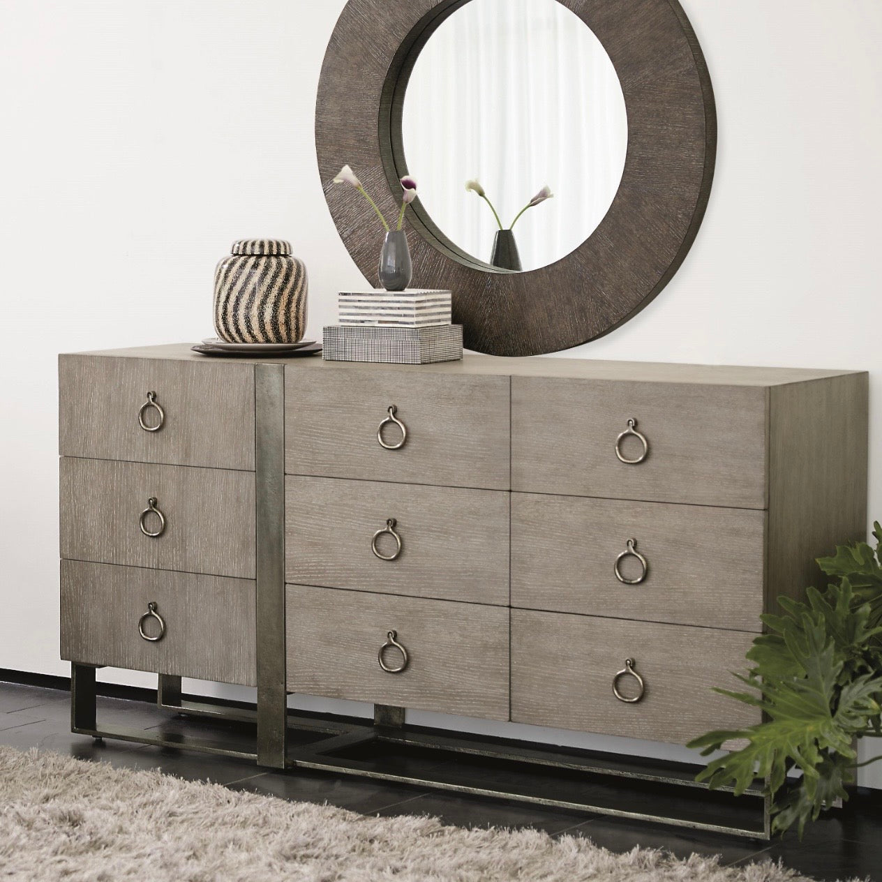 Bernhardt Linea Collection Nine Drawer Rustic Modern Dresser ~ Cerused Greige Finish - Image 2
