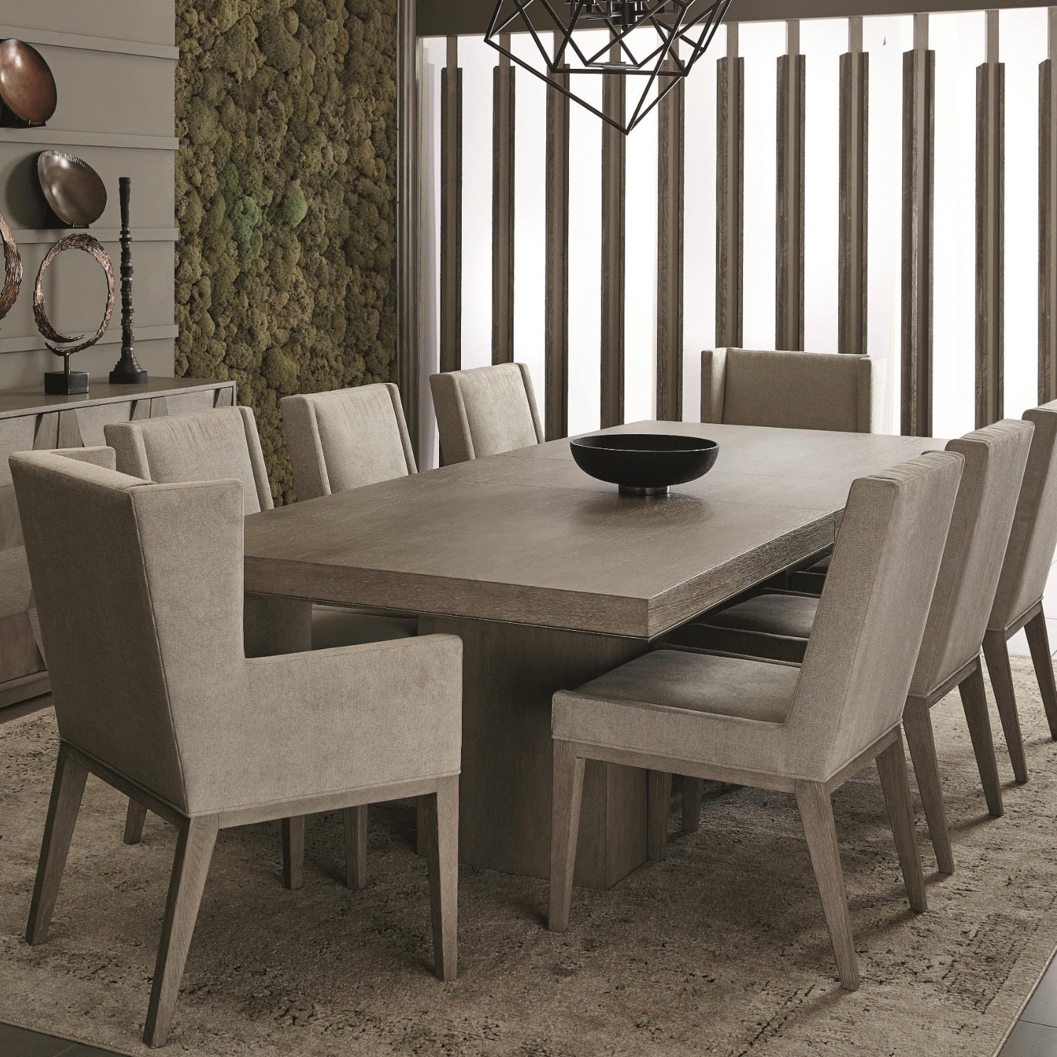 Bernhardt Linea Collection Dining Table ~ Cerused Greige Finish with Textured Graphite Base