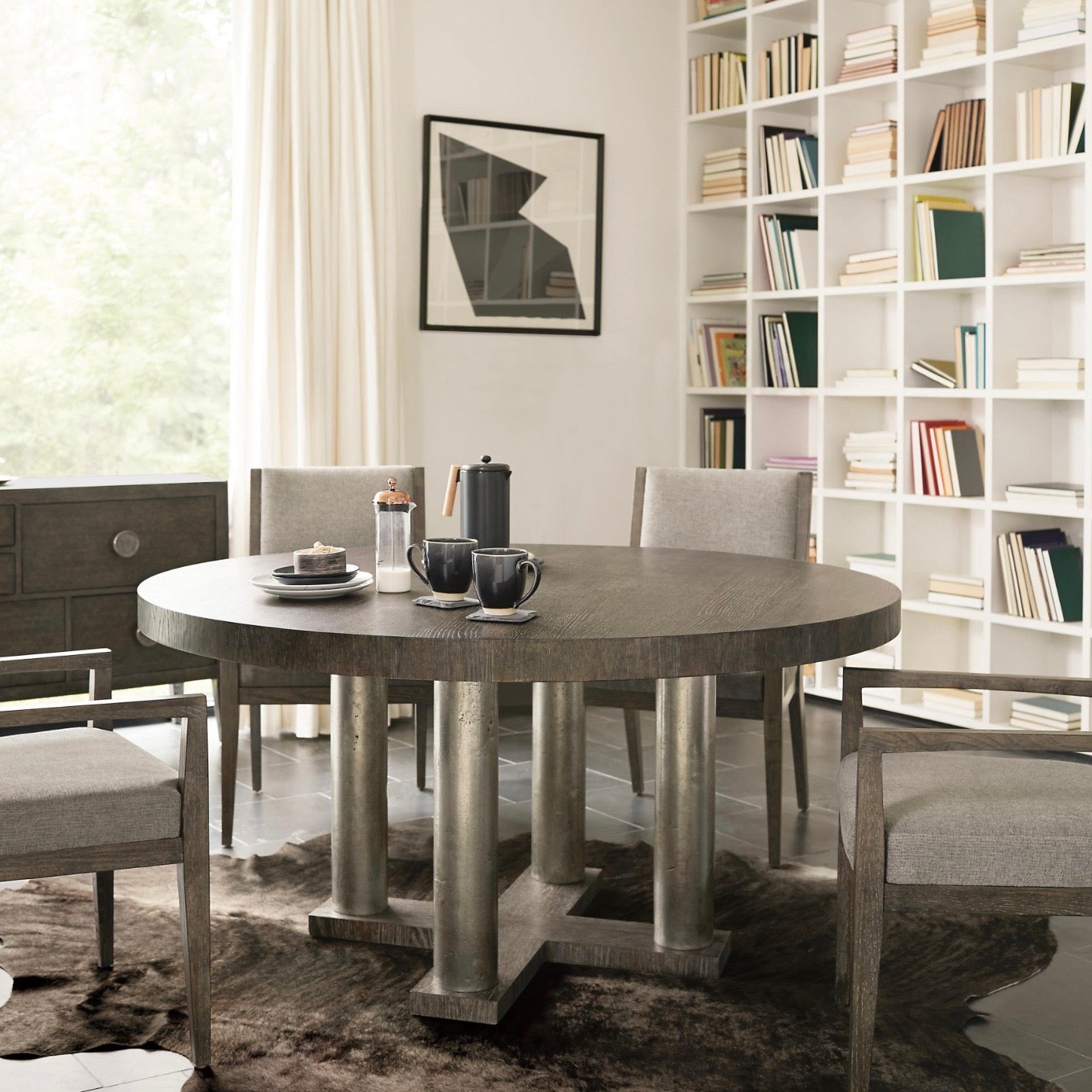 Bernhardt Linea Collection Round Dining Table ~ Cerused Charcoal Finish With Textured Graphite Base