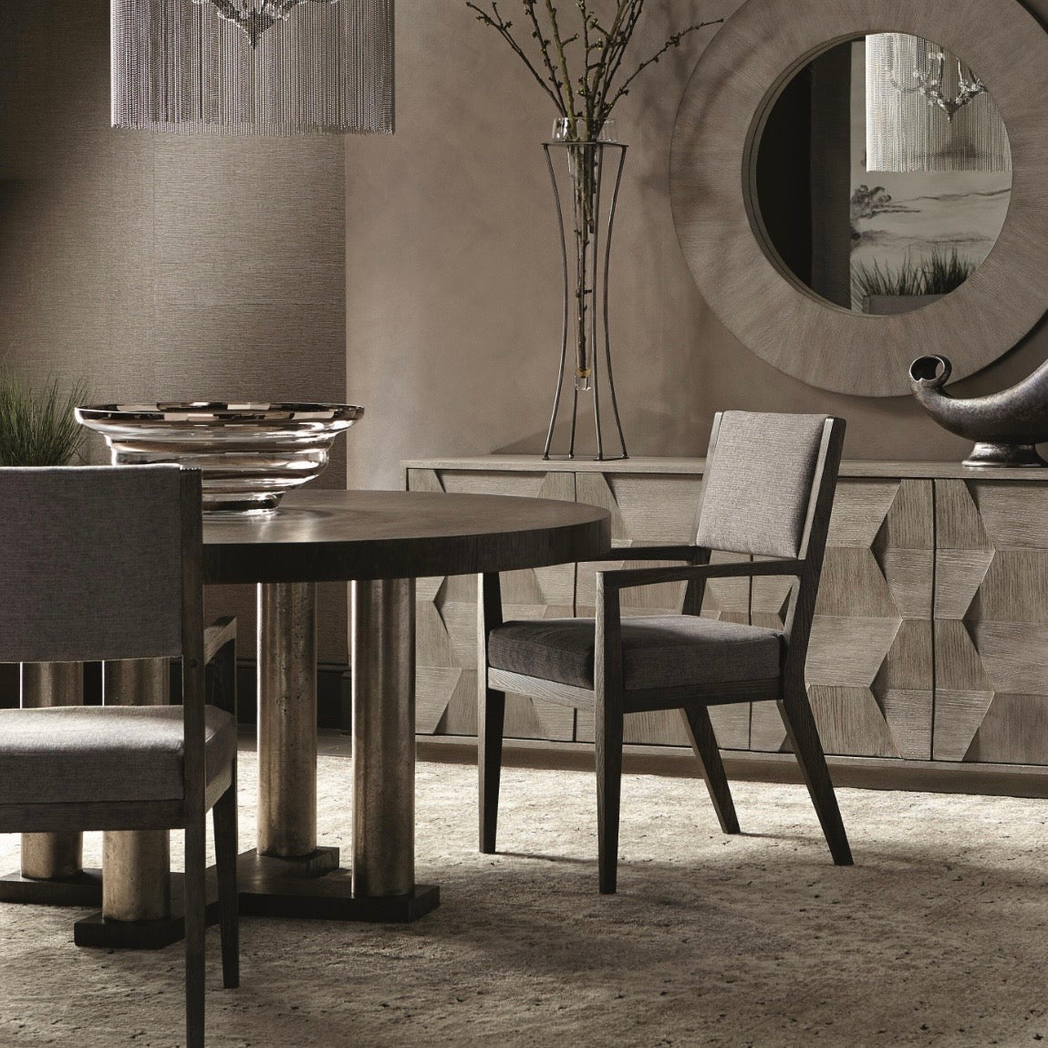 Bernhardt Linea Collection Round Dining Table ~ Cerused Charcoal Finish With Textured Graphite Base - Image 2