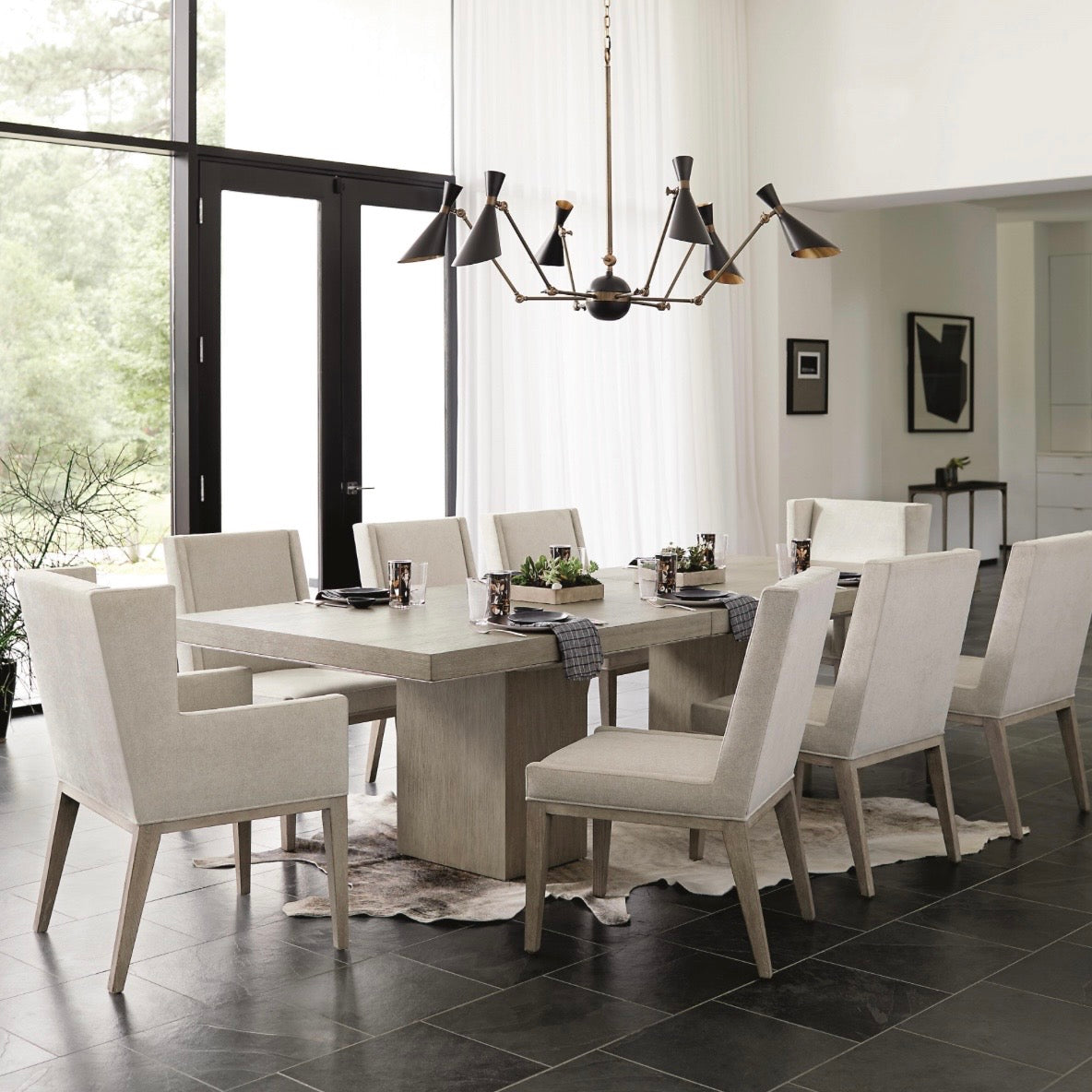 Bernhardt Linea Collection Upholstered Dining Armchair ~ Cerused Greige Finish - Image 1
