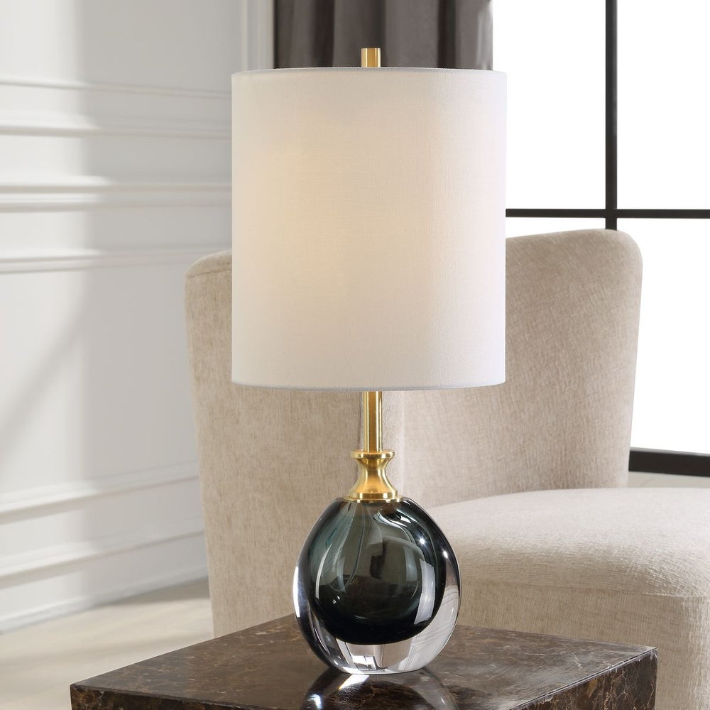 Uttermost Enigma Smoky Teal Blue Glass Buffet Lamp With White Linen Shade - Image 1