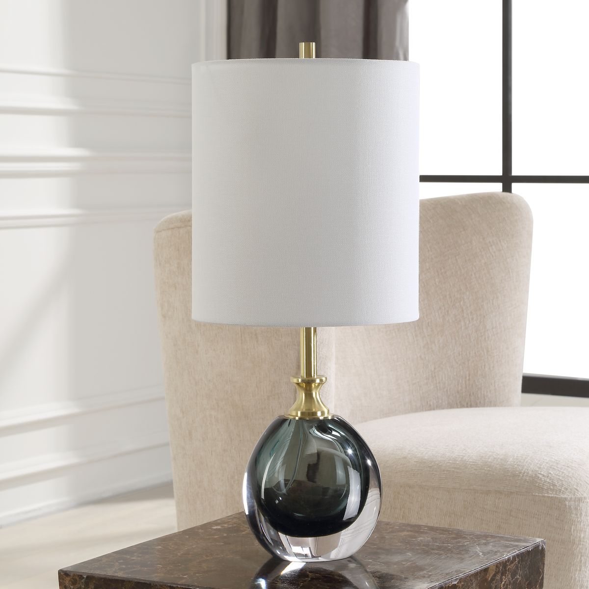 Uttermost Enigma Smoky Teal Blue Glass Buffet Lamp With White Linen Shade - Image 2
