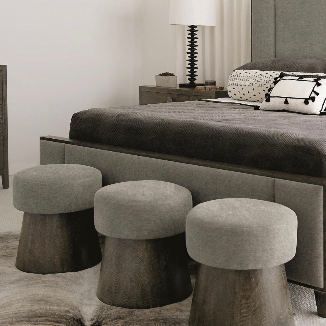 Bernhardt Linea Collection Upholstered Round Bench ~ Cerused Charcoal Finish